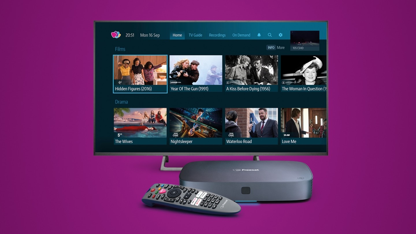 The Freesat home screen shown on a TV