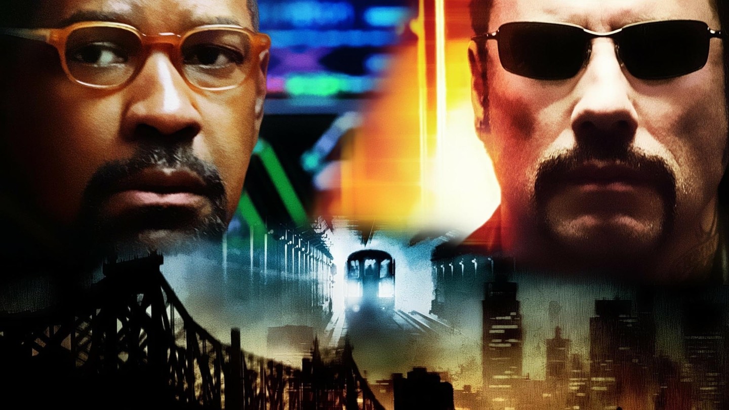 Promotional image for The Taking of Pelham 123 shows Denzel Washington as Walter Garber and John Travolta as Dennis 'Ryder' Ford