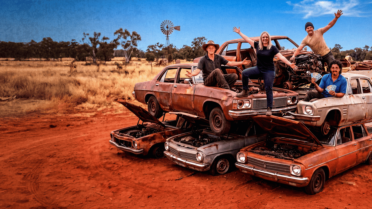 Four people stood on a pile of old rusty cars in the Australian Outback for the show Outback Wreckers