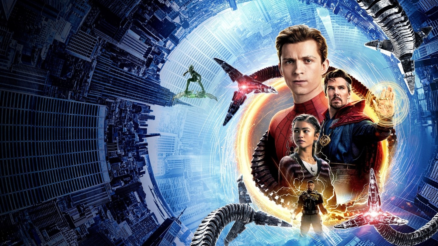 Promotional key art for the 2021 Marvel Studios film Spider-Man: No Way Home, featuring Tom Holland, Zendaya, and Benedict Cumberbatch