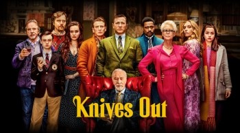Poster for the film “Knives Out” showing a group of people in colourful, stylish outfits standing in front of an elegant interior, with the title in bold yellow letters