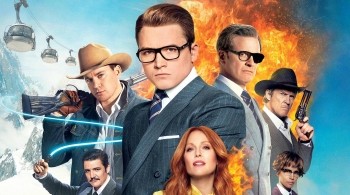 Promotional image for Kingsman: The Golden Circle shows including Taron Egerton, Colin Firth, Julianne Moore, Channing Tatum, Halle Berry, Pedro Pascal, and Jeff Bridges.