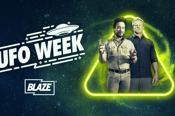 A promotional graphic for “UFO Week,” featuring two individuals standing inside a glowing neon-yellow triangle against a star-filled space background. On the left, the text “UFO WEEK” appears with a stylised flying saucer above it, along with the Blaze logo.
