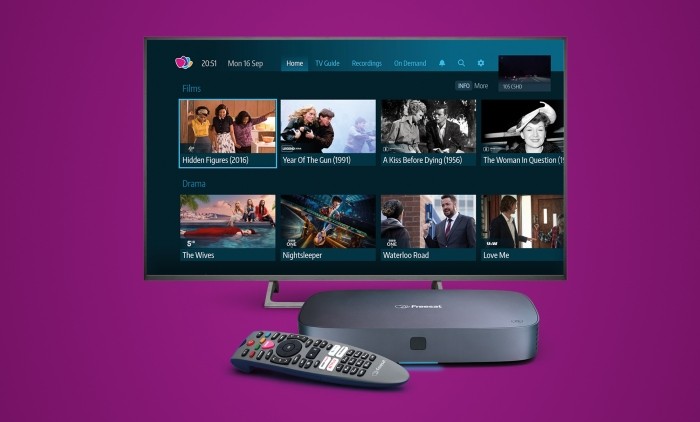 The Freesat home screen shown on a TV