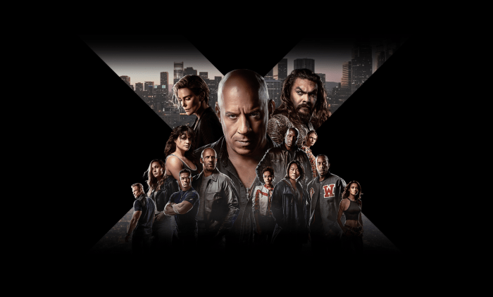 A black background with an x carved out and the cast of Fast X including Jason Momoa and Vin Diesel's faces inside the X