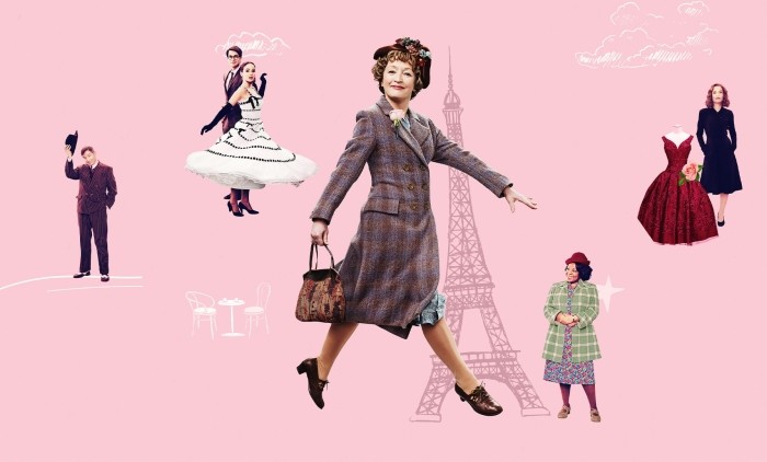 Poster image for the 2022 film Mrs Harris Goes to Paris, featuring a central figure in a checked coat and hat walking confidently with a handbag, set against a pink background with an illustrated Eiffel Tower and smaller images of stylish characters and dresses around.    