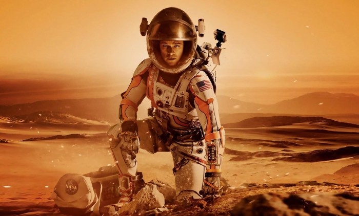 Promotional image for the 2015 sci-fi drama The Martian, featuring Matt Damon as astronaut Mark Watney