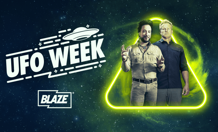A promotional graphic for “UFO Week,” featuring two individuals standing inside a glowing neon-yellow triangle against a star-filled space background. On the left, the text “UFO WEEK” appears with a stylised flying saucer above it, along with the Blaze logo.