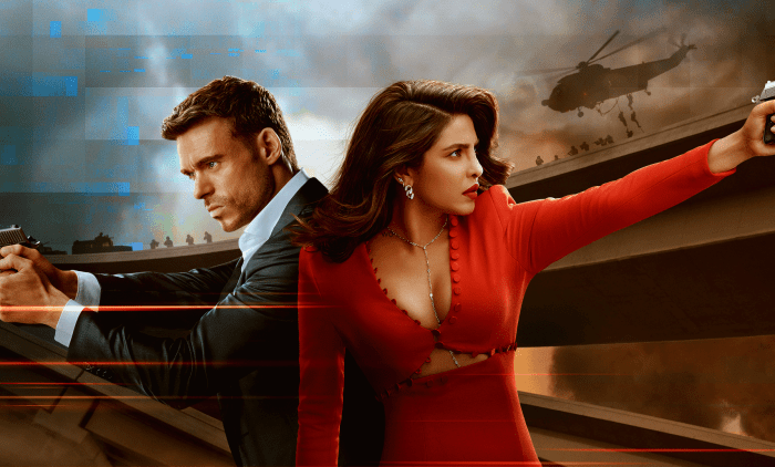 Two agents back-to-back aiming handguns in a high-speed action scene with helicopter and explosions in the background, promotional image for Citadel