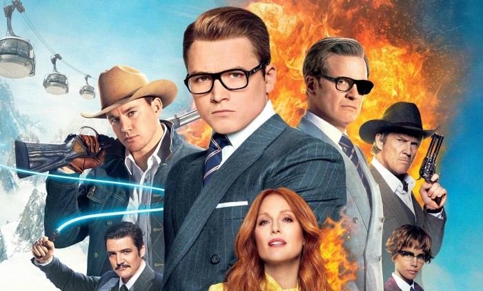 Promotional image for Kingsman: The Golden Circle shows including Taron Egerton, Colin Firth, Julianne Moore, Channing Tatum, Halle Berry, Pedro Pascal, and Jeff Bridges.