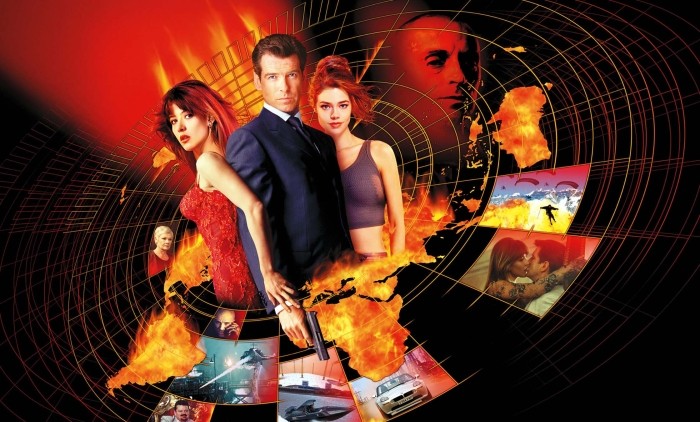 Promotional image for the 1999 James Bond film The World Is Not Enough, featuring Pierce Brosnan, Sophie Marceau, and Denise Richards