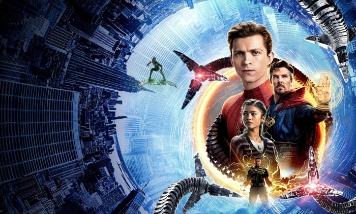 Promotional key art for the 2021 Marvel Studios film Spider-Man: No Way Home, featuring Tom Holland, Zendaya, and Benedict Cumberbatch
