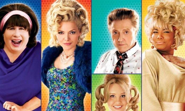 Promotional art for Hairspray (2007) featuring John Travolta, Michelle Pfeiffer, Christopher Walken, Queen Latifah, and Amanda Bynes