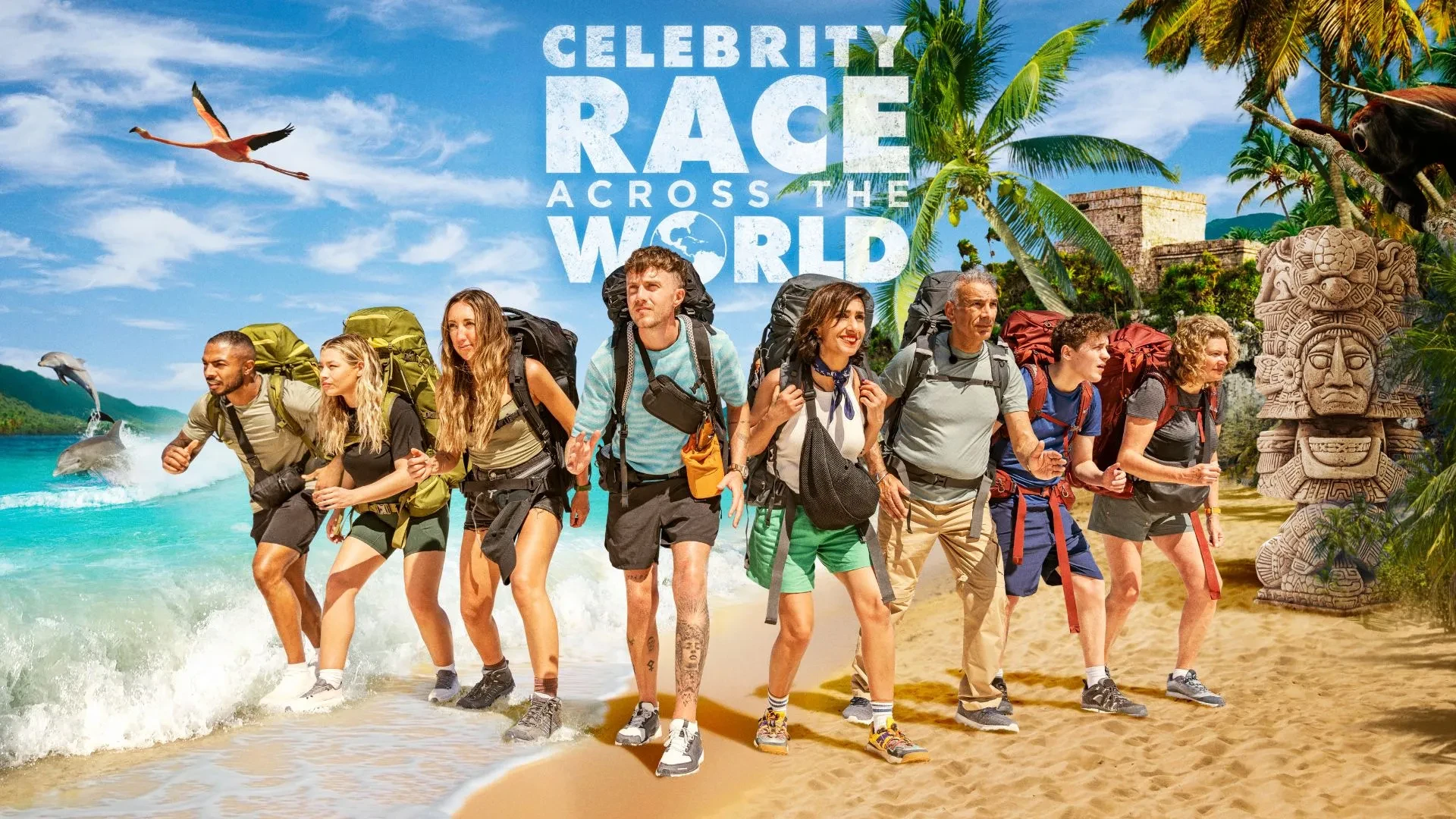 The cast of Celebrity Race Across the World running along a beach with backpacks on