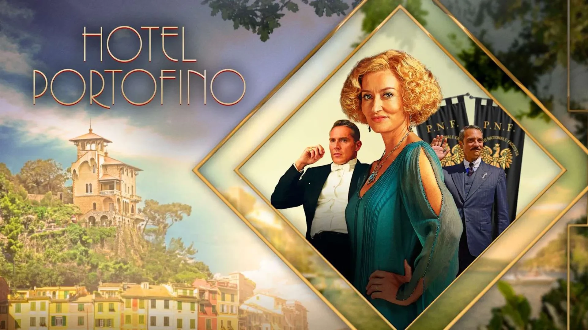 Natasha McElhorne as Bella Ainsworth in Hotel Portofino wearing 1920s clothing stood in a triangle shaped frame