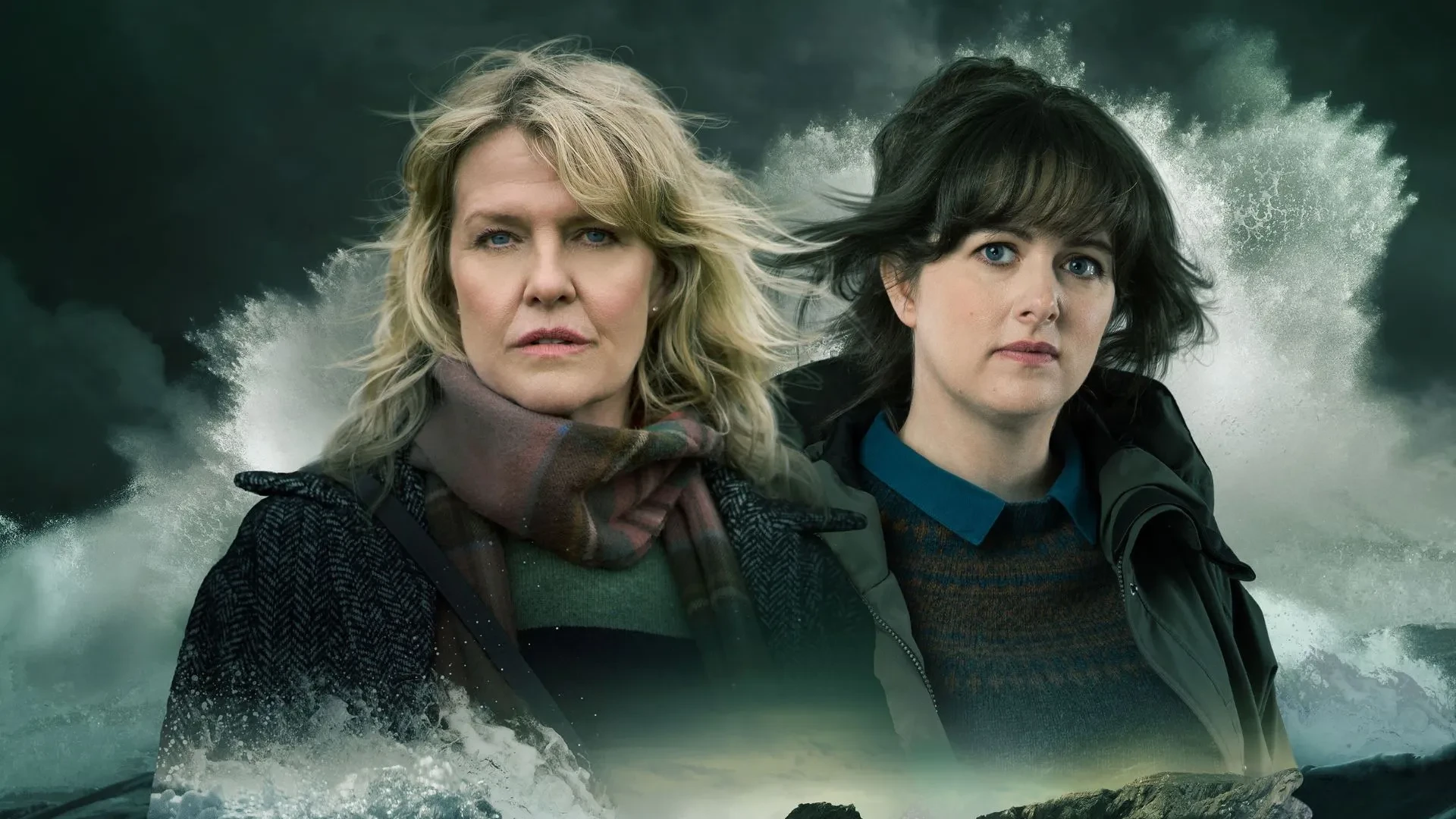 Ashley Jenson and Alison O’Donell in season 10 of Shetland stood with waves crashing behind them