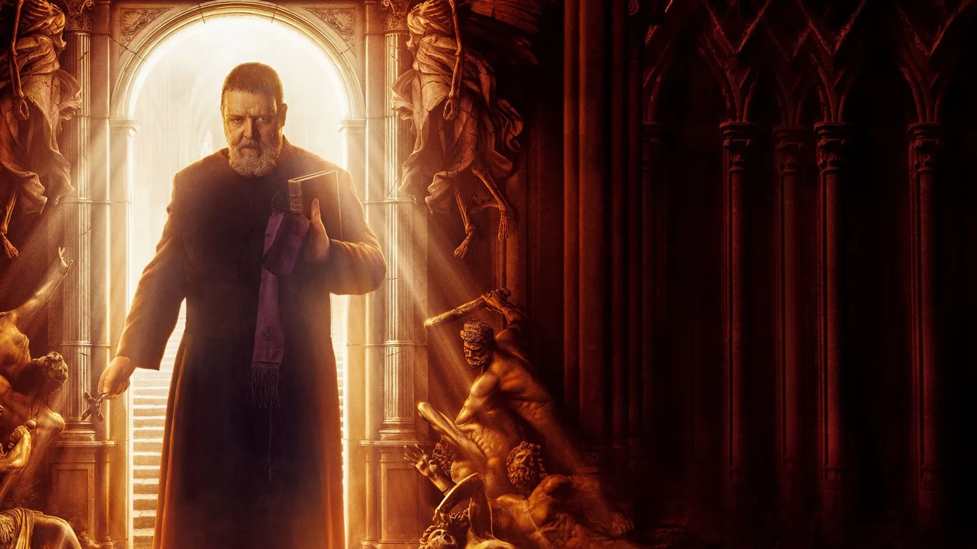 Russell Crowe dressed as a pope clutching a bible silhouetted by a statue covered doorway in the movie the Pope's Exorcist