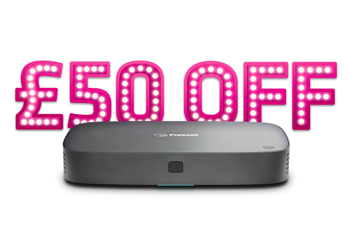 A Freesat Black Friday promotion showing £50 off the 4K TV Box (Recordable)