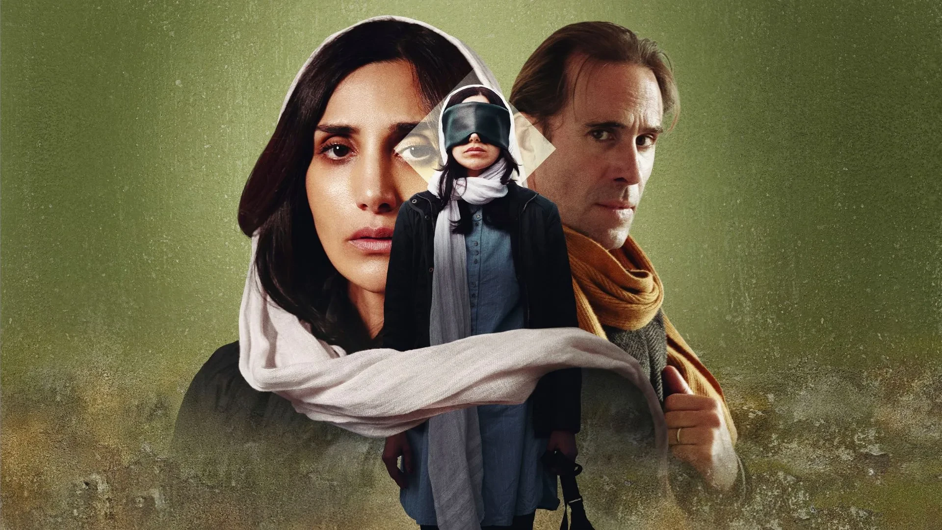 A women blindfolded wearing a hijab stood against a green background