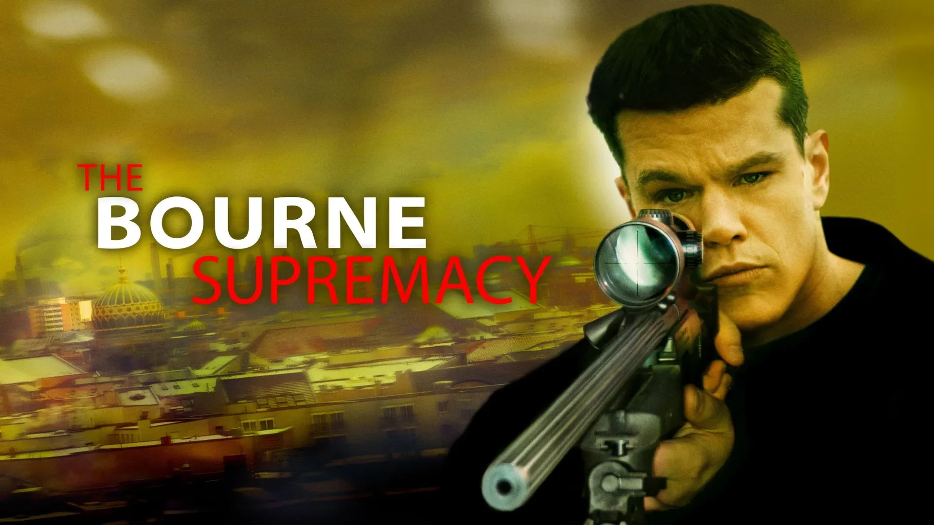 Matt Damon as Jason Bourne holding a sniper up to his face with a yellow background and writing that reads The Bourne Supremacy