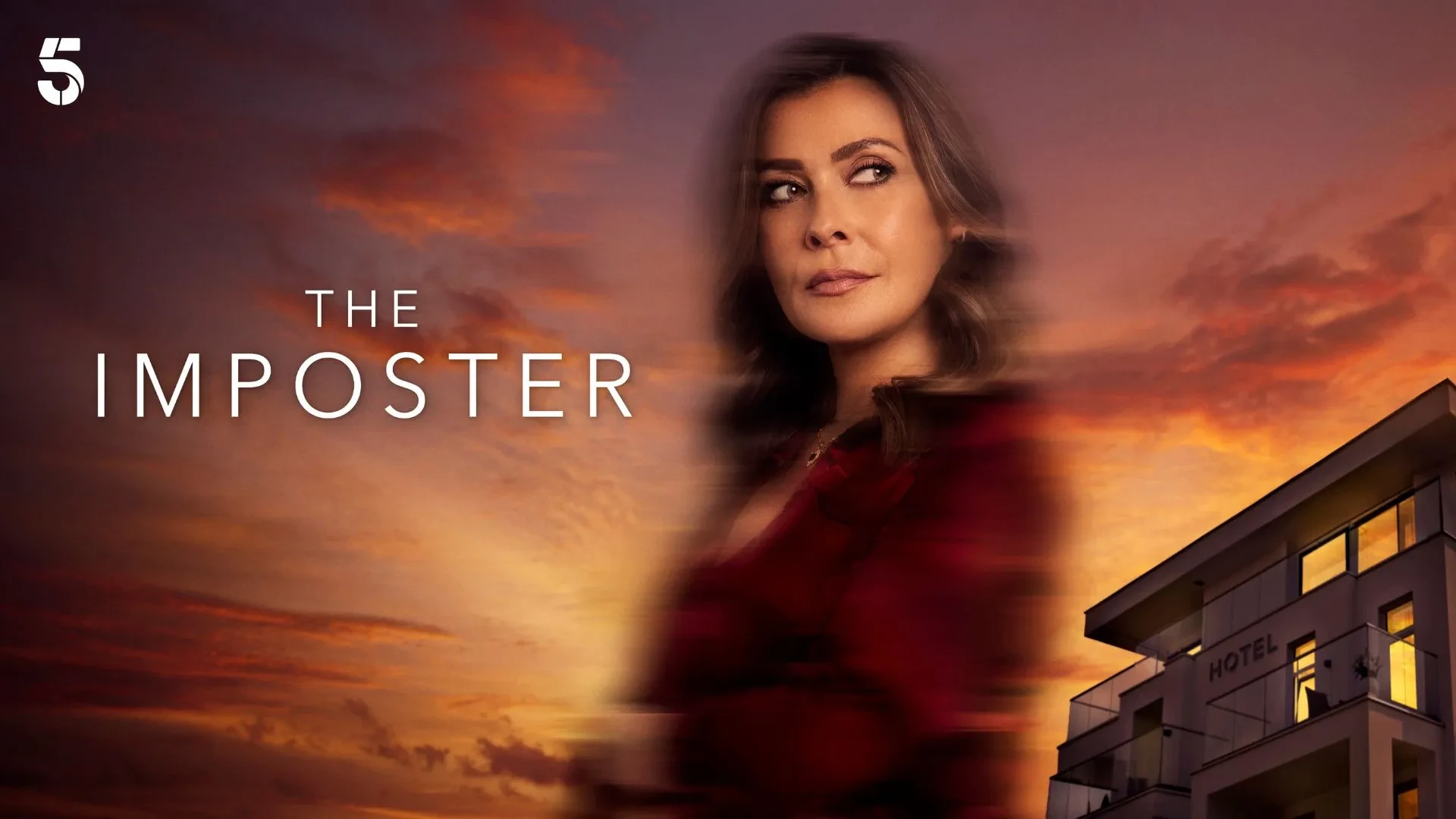 A slightly blured image of a brunette women wearing a red top looking out of the image, a sunset hotel behind her. Writing that reads The Imposter next to her