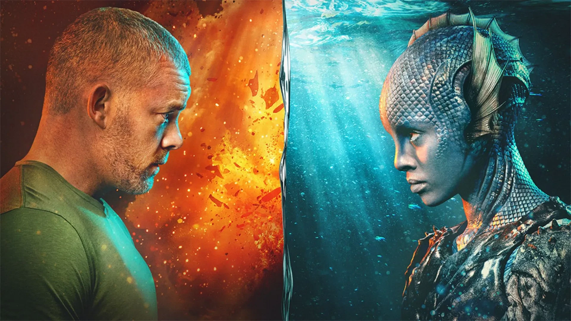 A man with a shaved head and green shirt stood against a background full of flames with his hand against a wall. On the other side is an aquatic creature with their hand against the wall and water behind them