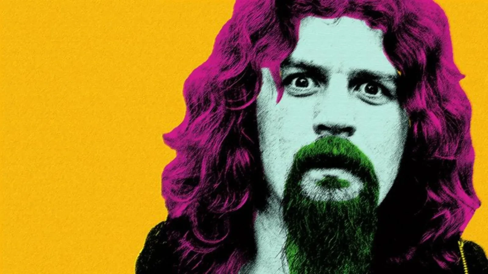 Poster art for the TV special “Billy Connolly: 30 Funniest Moments”, featuring a bold yellow background with a stylised illustration of long purple hair and a green beard.