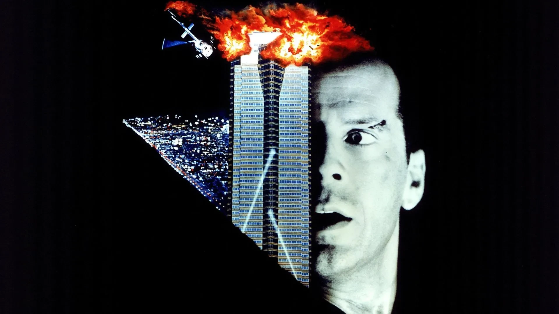 Poster featuring a tall skyscraper with an explosion and flames at the top, a helicopter nearby, and a dark silhouette in the foreground against a black background.