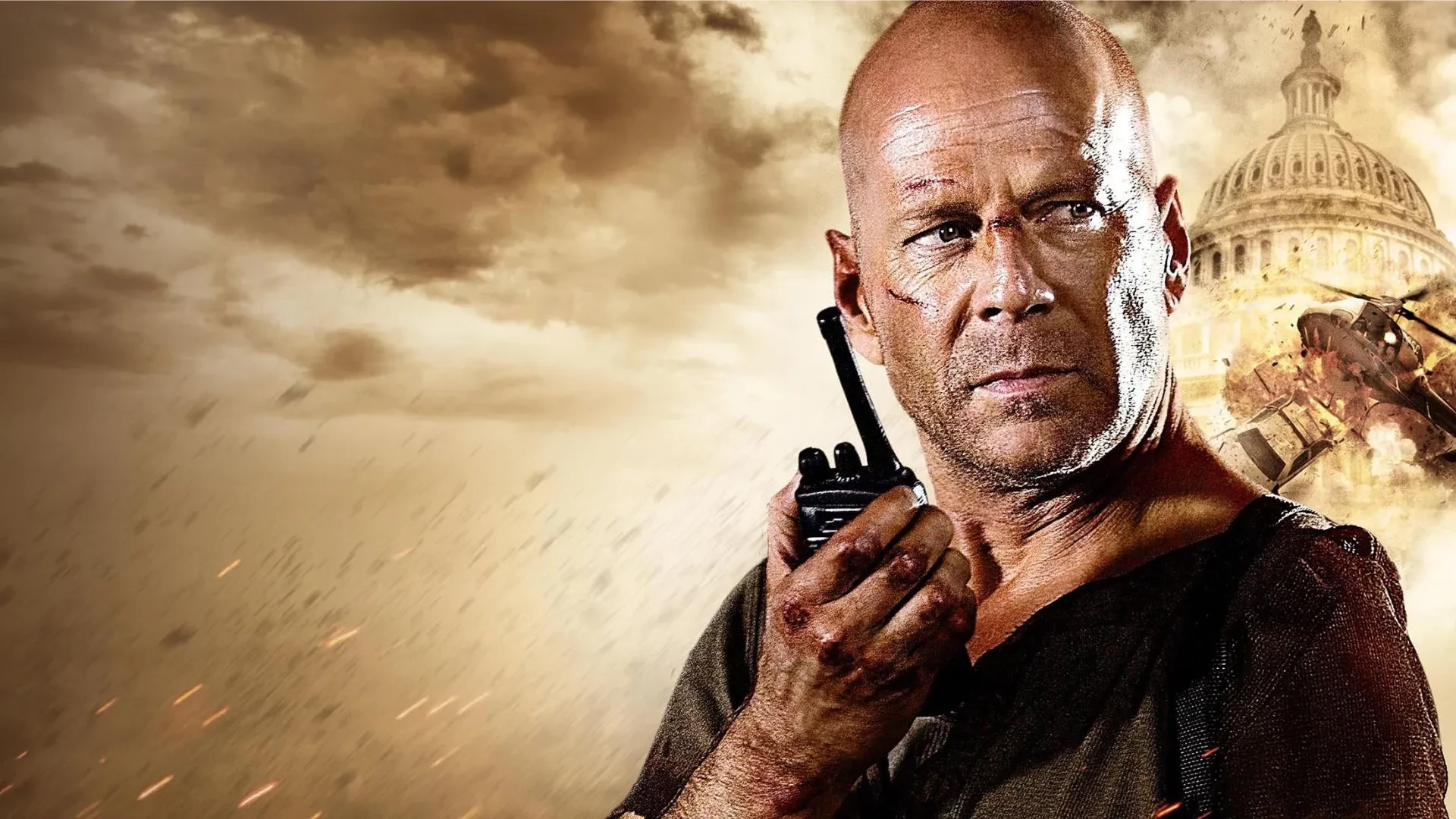 Poster image for the 2007 film Live Free or Die Hard, showing a rugged figure in a worn shirt with a leather shoulder holster, set against a dramatic background featuring the U.S. Capitol dome and bright, smoky light effects. 