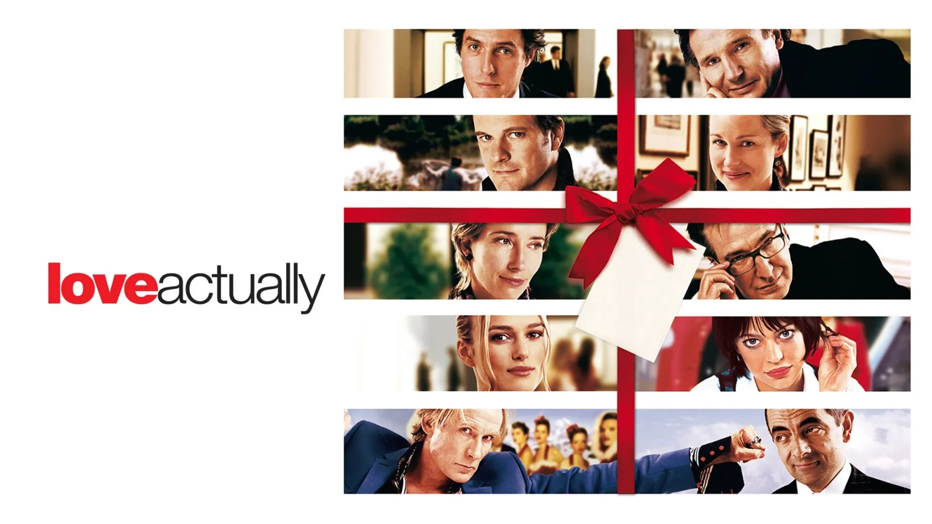 White background featuring a red ribbon tied like a gift over a collage of romantic holiday scenes with “Love Actually” text.