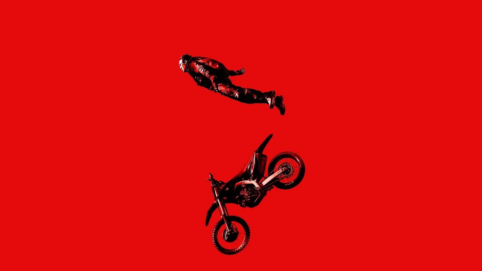 Promotional art for the film “Mission: Impossible – Dead Reckoning Part One” (2023), showing a dramatic stunt with a person mid-air above a motorbike against a solid red background. 