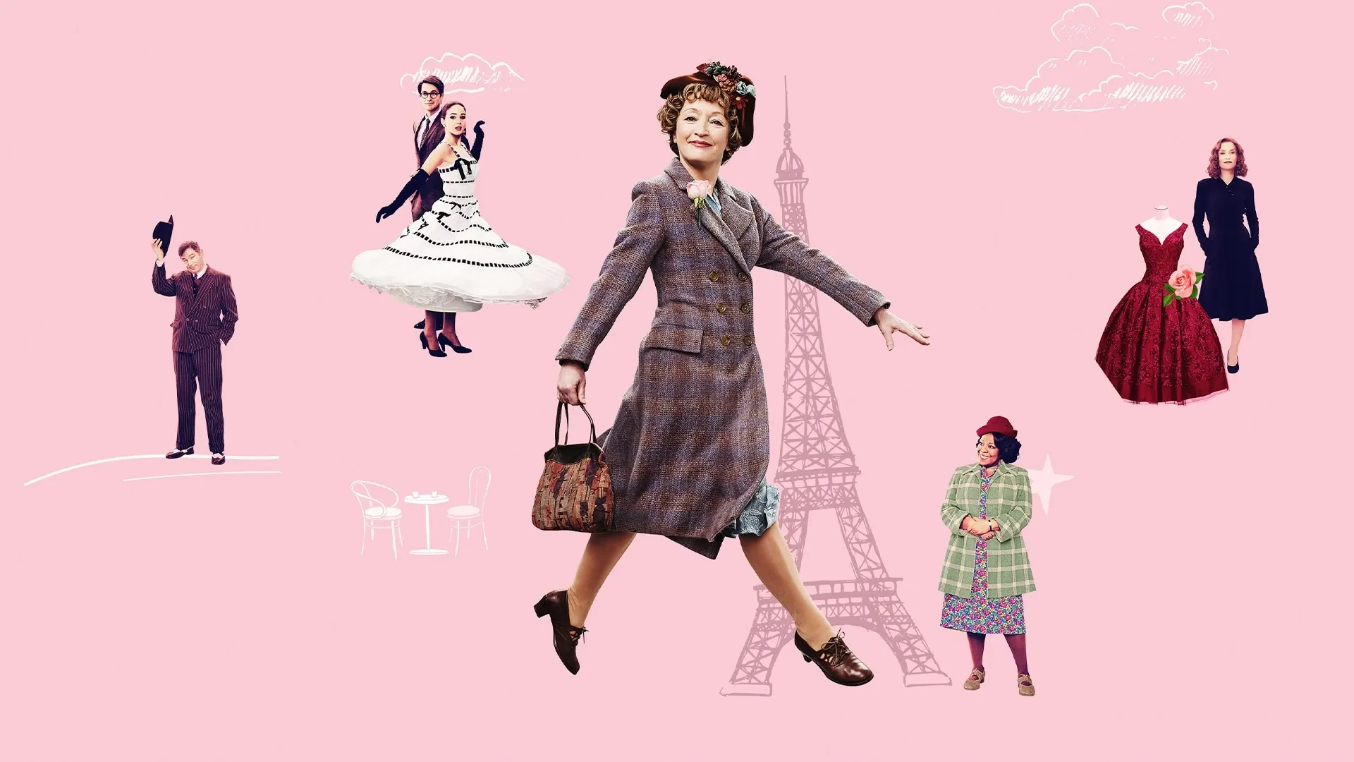 Poster image for the 2022 film Mrs Harris Goes to Paris, featuring a central figure in a checked coat and hat walking confidently with a handbag, set against a pink background with an illustrated Eiffel Tower and smaller images of stylish characters and dresses around.    