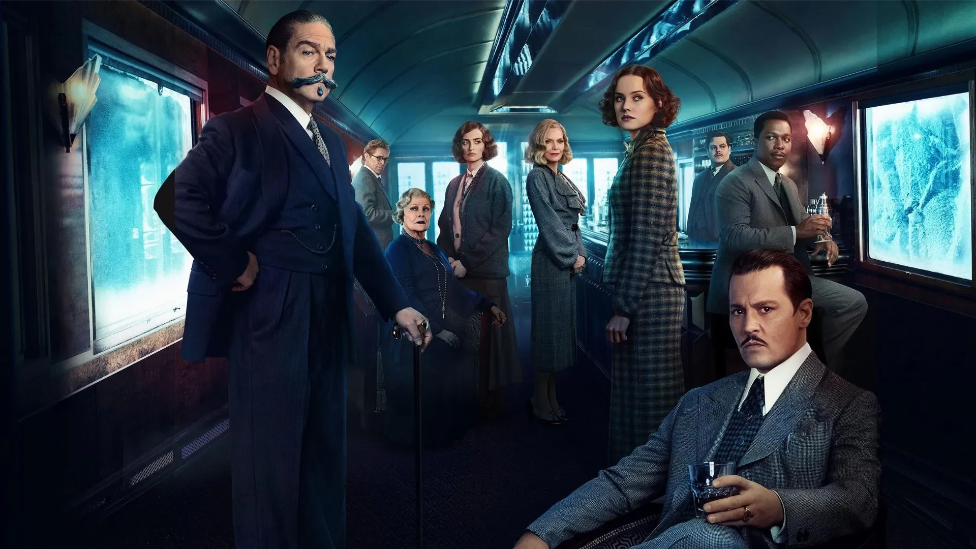 Promotional image from the film Murder on the Orient Express (2017), showing a group of people in elegant 1930s-style clothing inside a luxurious train carriage with frosted windows and rich blue tones.