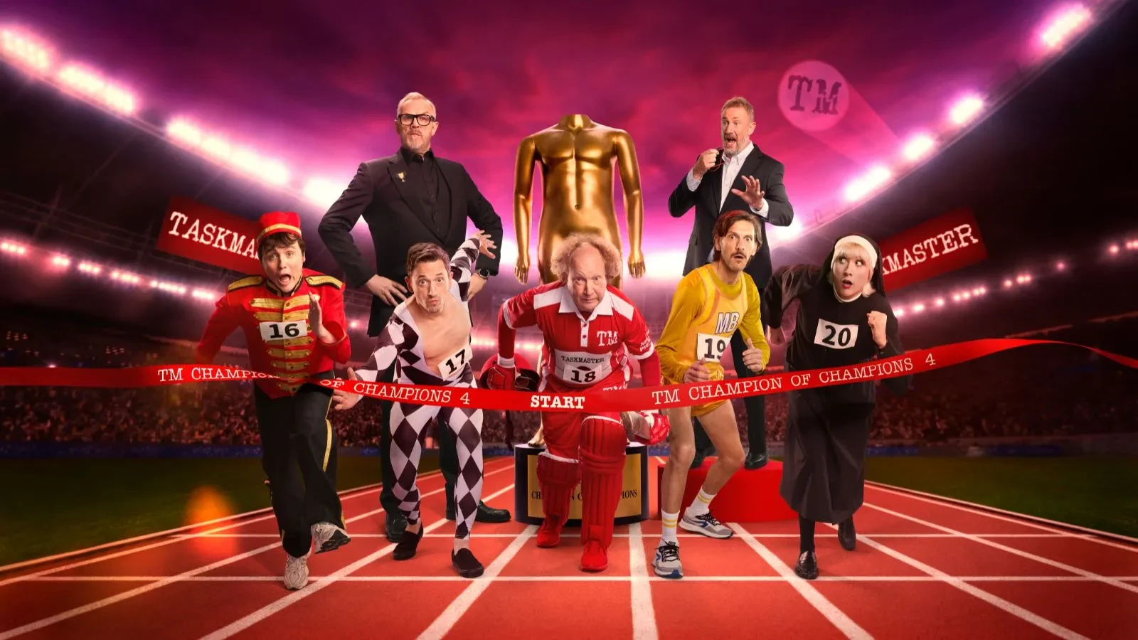 Promotional art for the TV special Taskmaster: Champion of Champions, showing a running track inside a stadium. Five contestants are posed as if starting a race, wearing numbered bibs and varied outfits. Behind them is a large golden statue of the Taskmaster, with bright lights and banners in the background. 