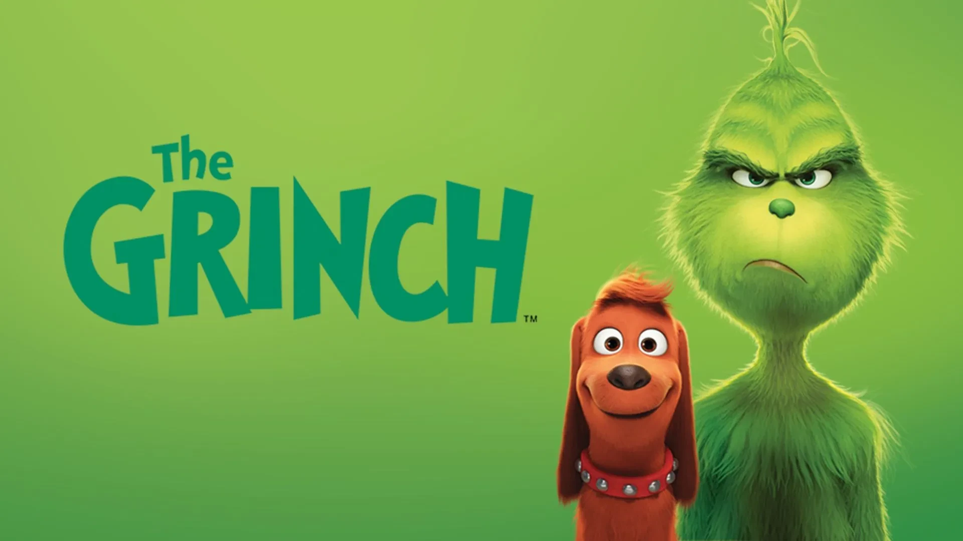 Green furry character standing next to a smiling dog against a bright green background with “The Grinch” text.