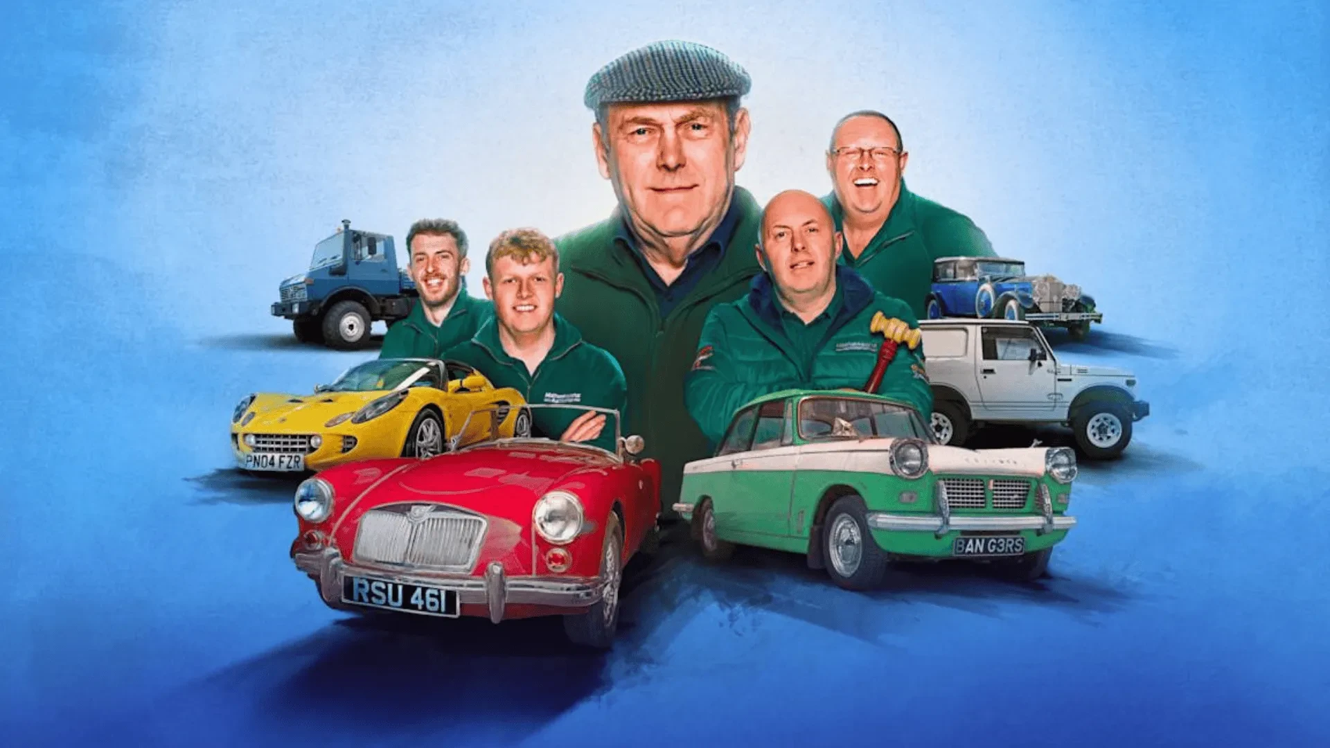 Group of classic car experts standing behind a lineup of vintage vehicles, including a red MG, a green-and-white Triumph, a yellow sports car, and two recovery trucks, set against a bright blue background in a promotional scene for a motoring-themed show.