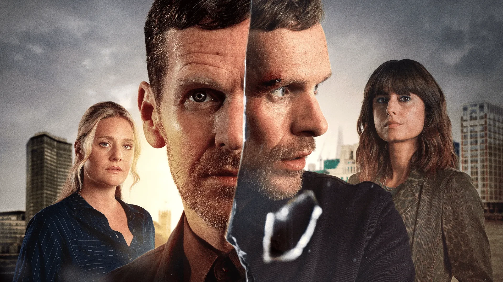 Three individuals standing against an urban skyline at sunset, positioned dramatically as part of a tense, atmospheric thriller scene.