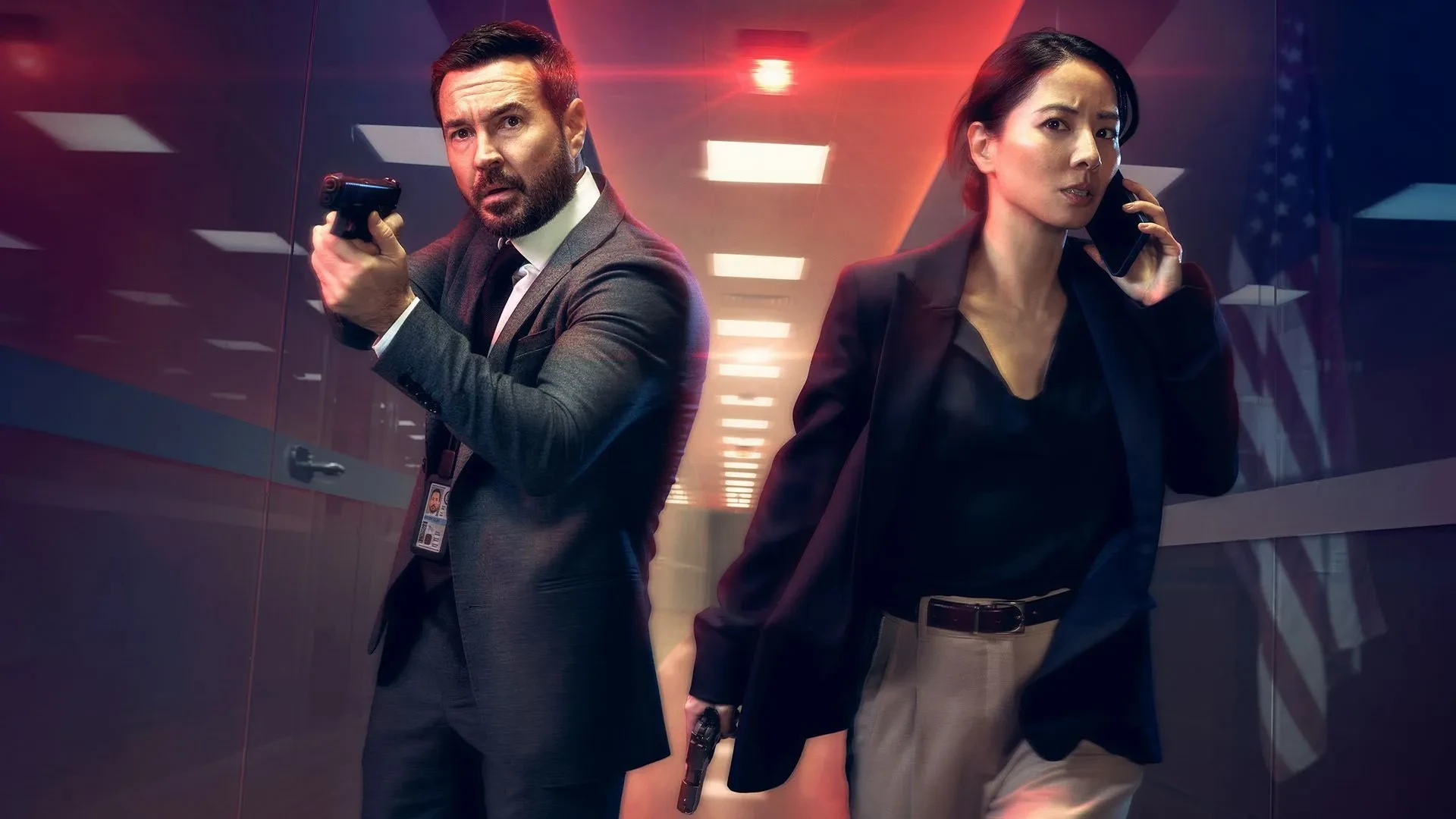 Red Eye cast image shows Martin Compston as Clay Brody and Jing Lusi as DS Hana Li