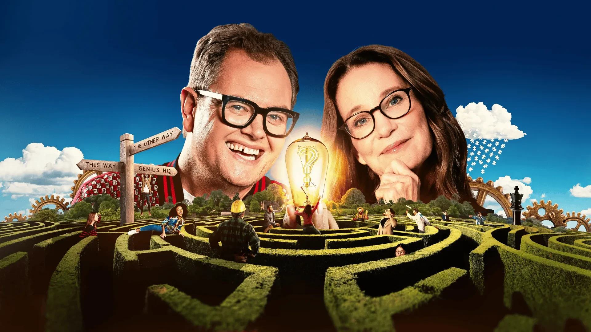 Whimsical maze scene featuring two large figures towering above a hedge labyrinth, surrounded by quirky characters, signposts, gears, and a glowing lightbulb at the centre symbolising creativity and invention.