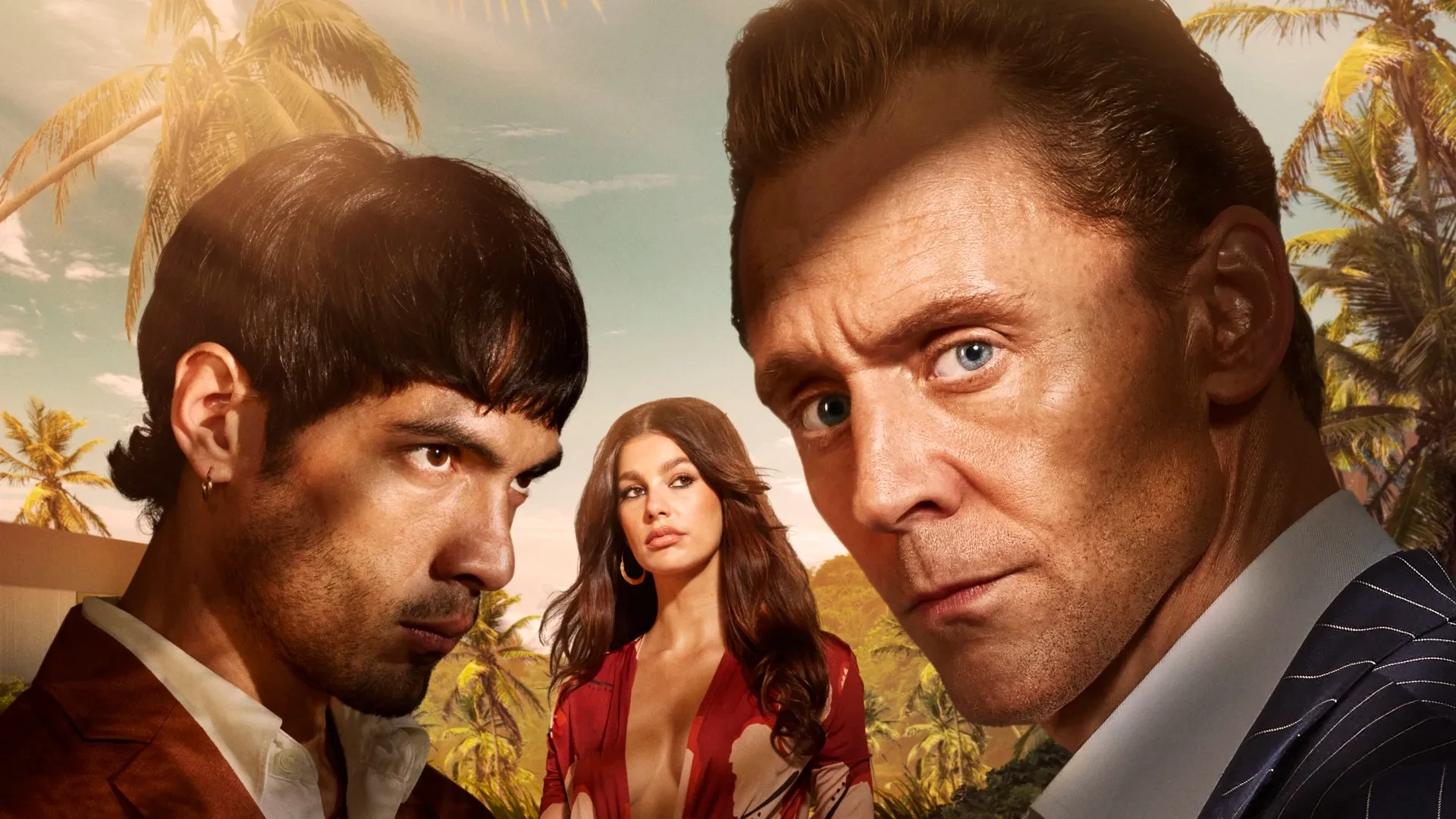 Poster image for the second season of The Night Manager, featuring three sharply dressed characters standing against a tropical backdrop with palm trees and a warm sunset sky.