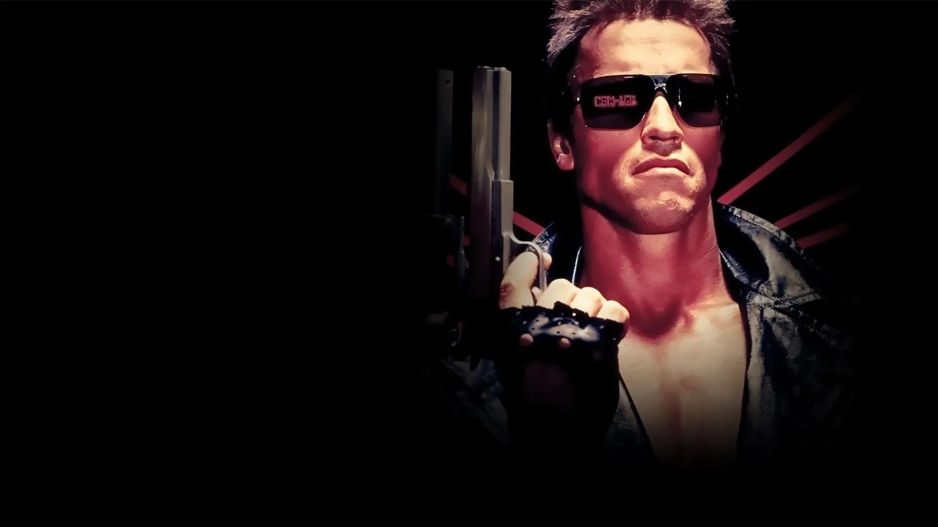 Iconic movie poster featuring a muscular figure in a black leather jacket holding a large pistol, with a dark background accented by red diagonal light beams, evoking a futuristic and intense atmosphere.