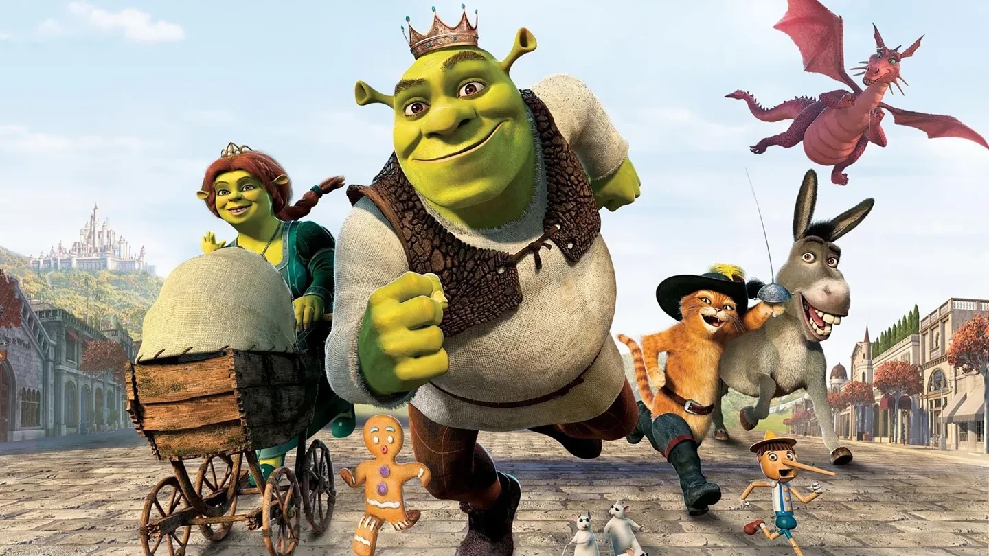  Promotional image for the animated feature Shrek Forever After, featuring Shrek, Fiona, Donkey, and Puss in Boots. 