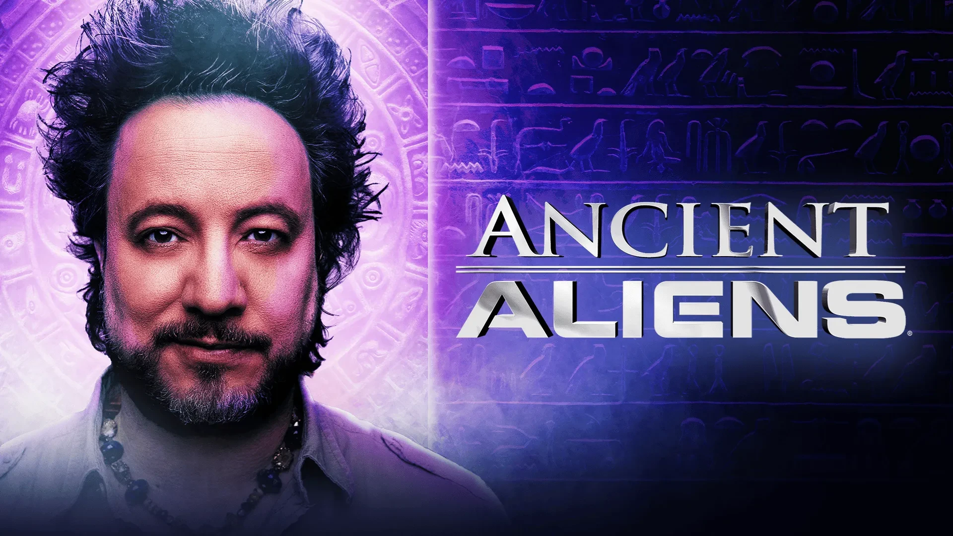 A stylised purple-toned background decorated with ancient symbols appears behind an individual in the foreground. The title “ANCIENT ALIENS” is displayed to the right.