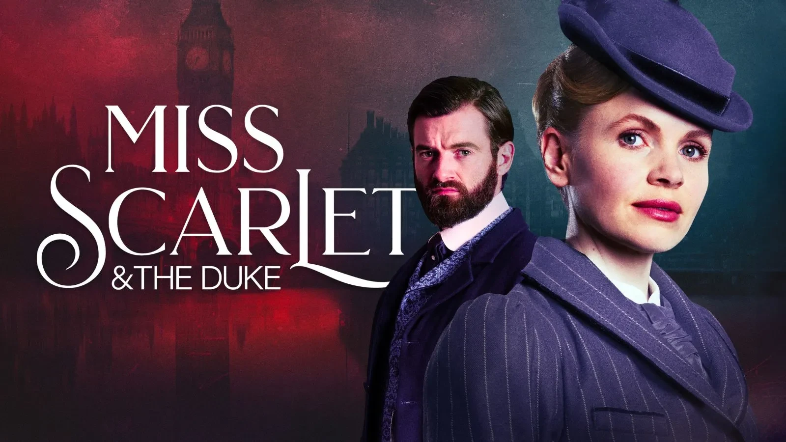 Promotional image for the Victorian-era crime drama Miss Scarlet and The Duke, featuring Kate Phillips as Eliza Scarlet and Stuart Martin as William "The Duke" Wellington