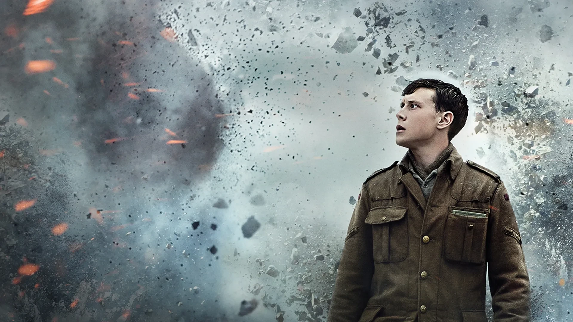 Image promoting 1917 shows George MacKay against a battlefield