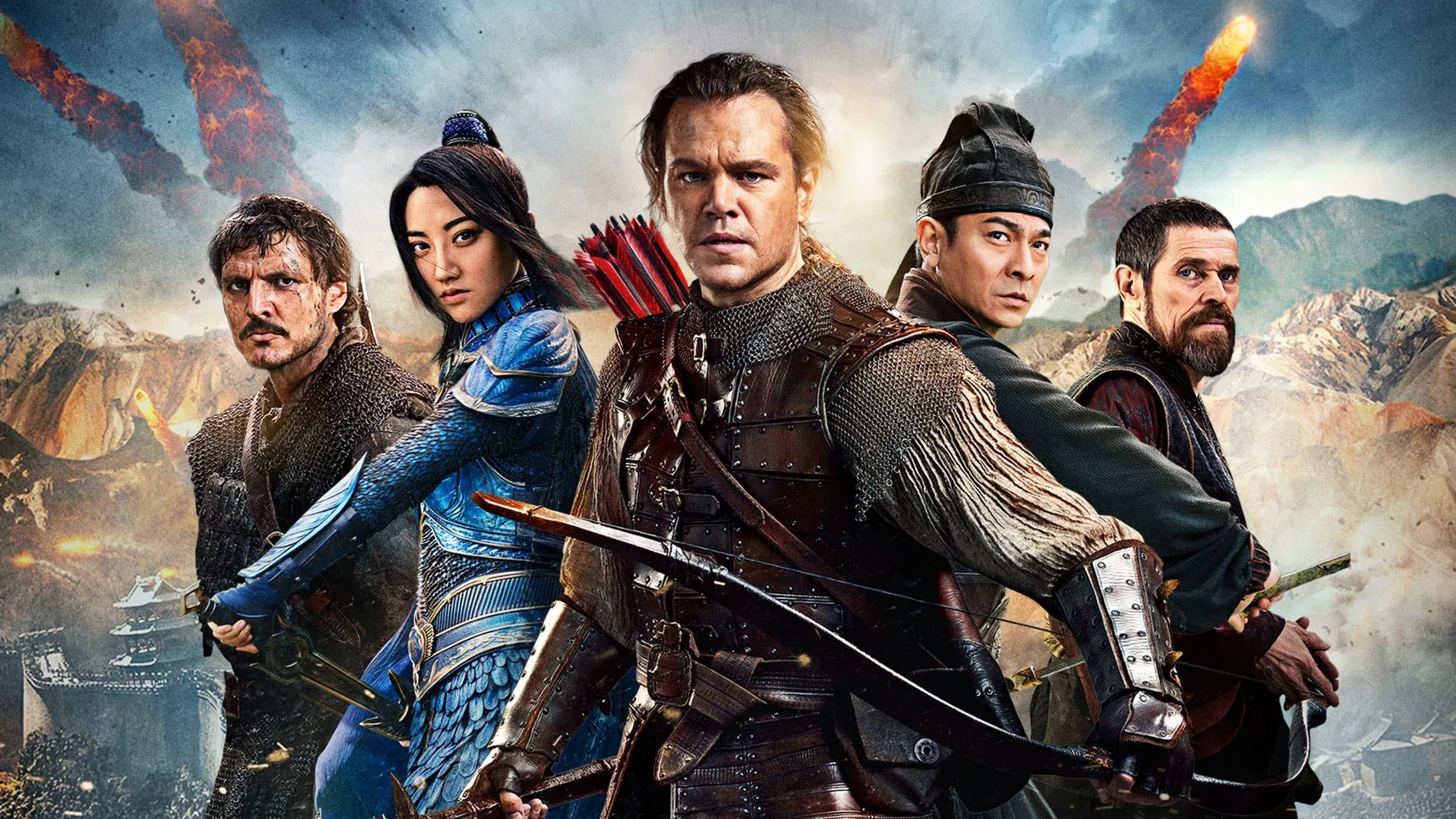 Promotional image for the 2016 action-fantasy film The Great Wall, featuring Matt Damon, Jing Tian, Pedro Pascal, Willem Dafoe, and Andy Lau