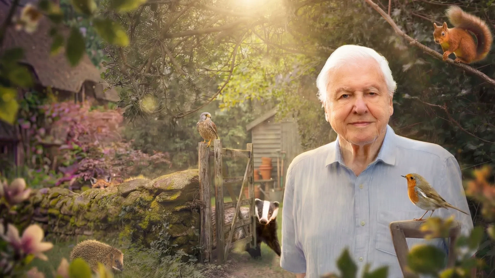 David Attneborough in his 90s wearing a blue shirt stood in front of a beautiful wildlife backdrop with green trees and animals