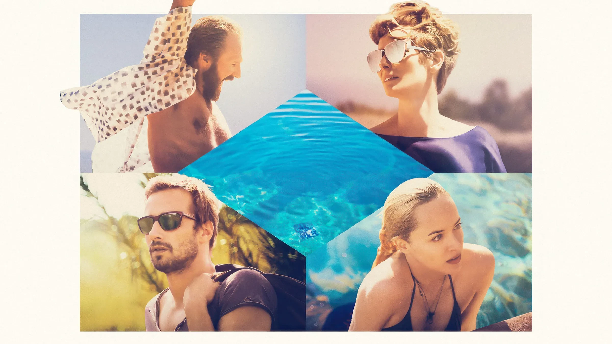 Promotional image for A Bigger Splash shows Tilda Swinton, Ralph Fiennes, Matthias Schoenaerts, and Dakota Johnson