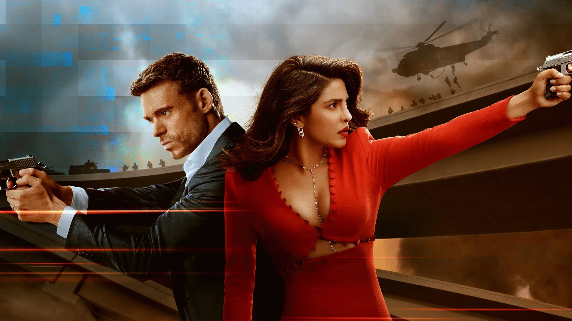 Two agents back-to-back aiming handguns in a high-speed action scene with helicopter and explosions in the background, promotional image for Citadel