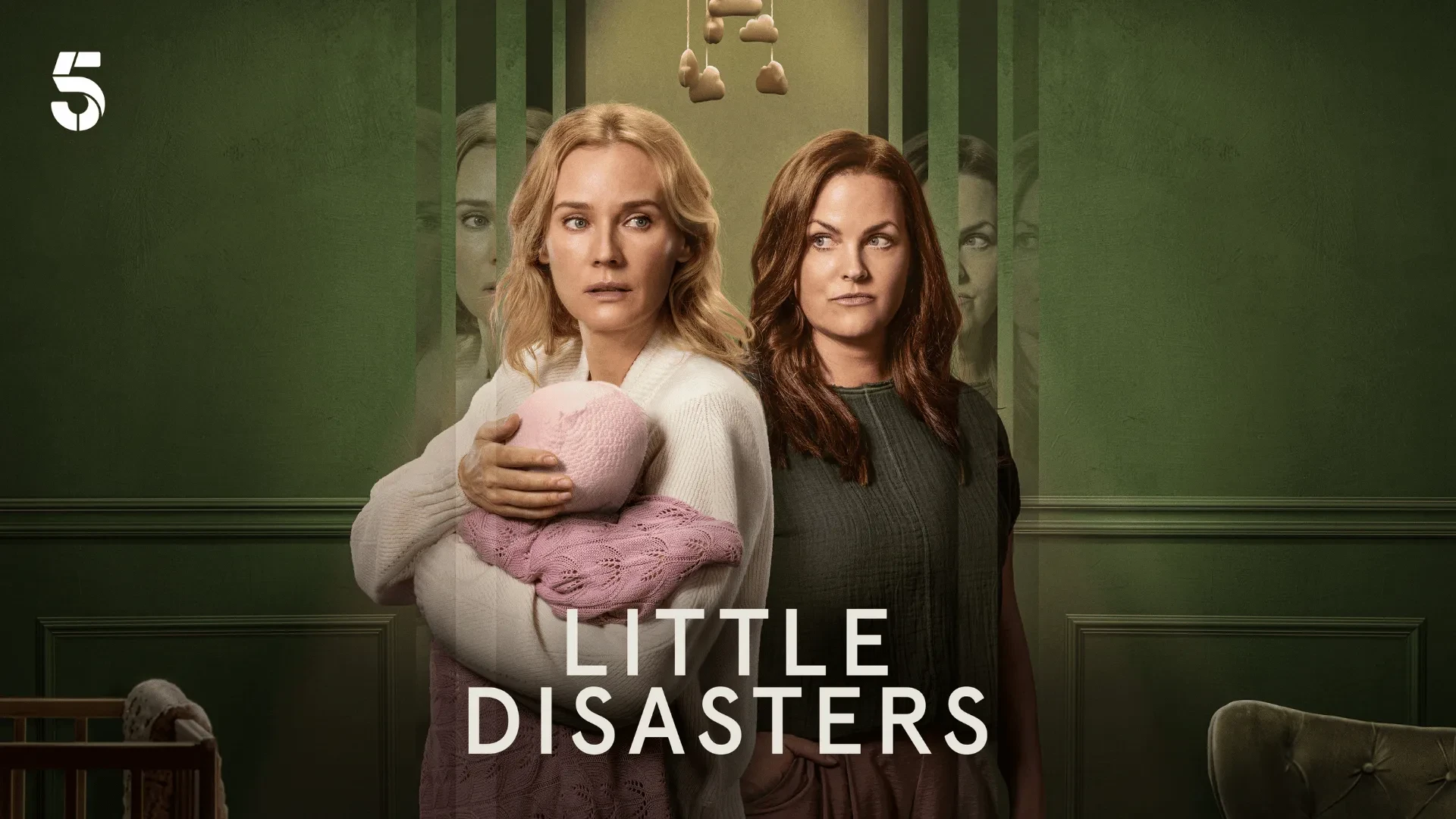 Two people standing back to back in a nursery holding a baby, moody green background, drama series Little Disasters